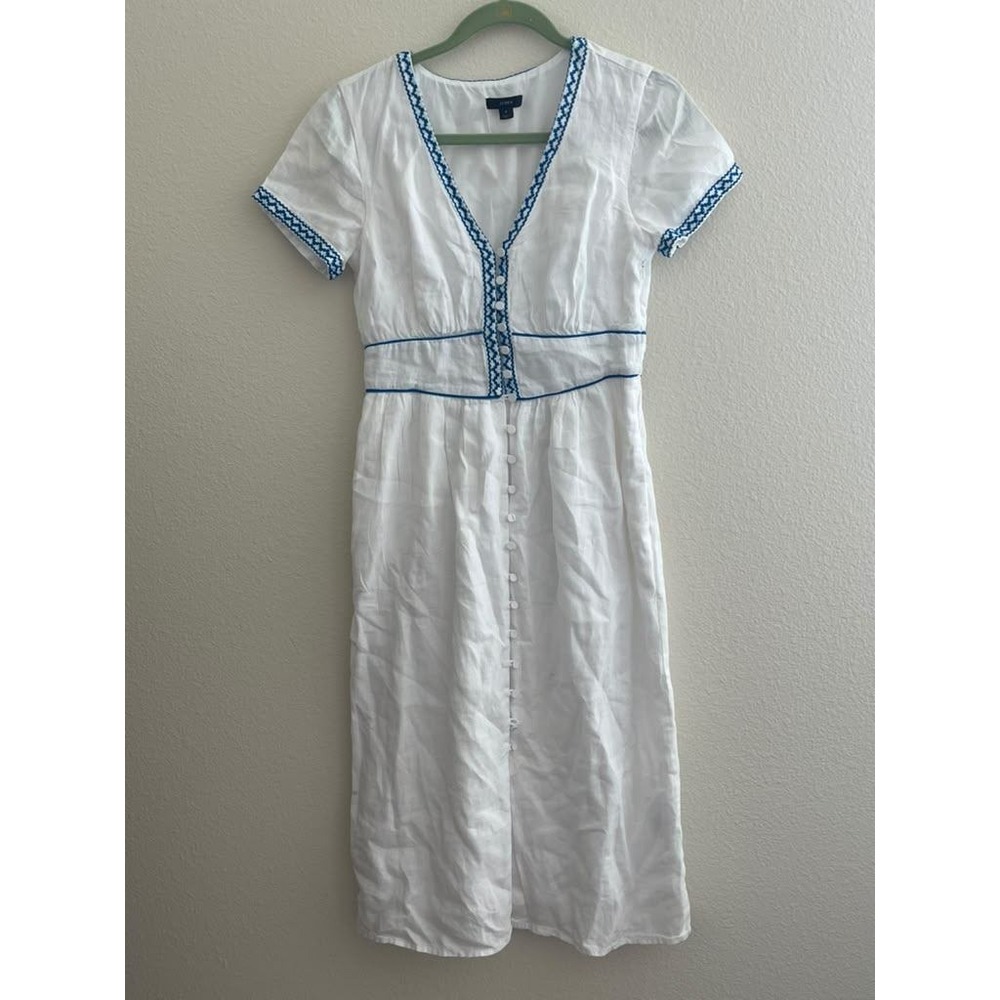 J.Crew Womens White Linen Embroidered V-Neck Midi Dress 4 Boho Preppy Nautical